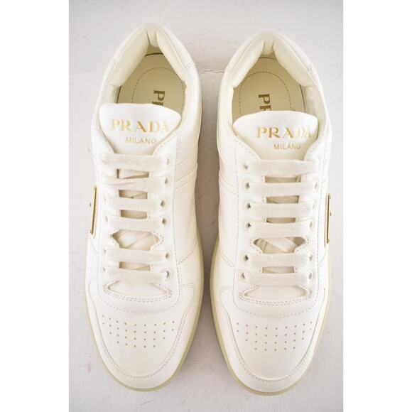 Prada Downtown Ivory Nappa Leather Gold Logo Flat Low Top Trainer Sneaker 41 - Picture 13 of 16